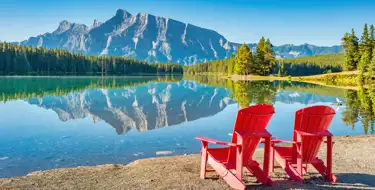 chairs beside lake close to Mt Rundle in Banff National Park Alberta, Canada