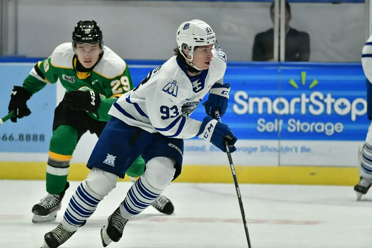 Brampton Steelhead's player skating with the puck